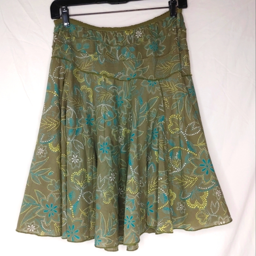 Billabong Skirt Moss Green/Floral Pattern Turquoise Lining Elastic Waist SzS